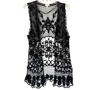 Black Crochet Embroidered Lace Vest Kimono Boho Chic Festival M/L